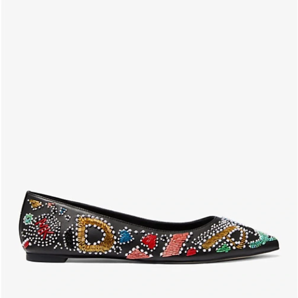 MICHAEL KORS MK Mila Party Colorful Beaded Black Leather Pointed Toe Flats